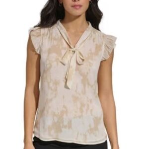 Calvin Klein tie-neck cream/tan flutter-sleeve blouse, size Small